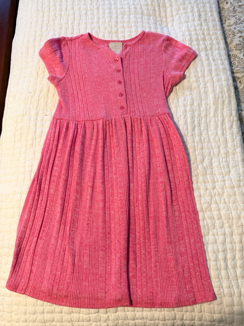 Girls Pink Ribbed Knit Button-Front Dress